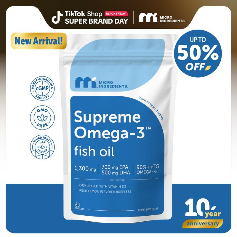 Micro Ingredients Supreme Omega-3 Fish Oil W/Ultra High EPA & DHA, Burpless Softgels | Rtg Omega-3 with Vitamin D3 | Wild-Caught Cold Deep-Sea Water | Lemon Flavor, Easy to Swallow