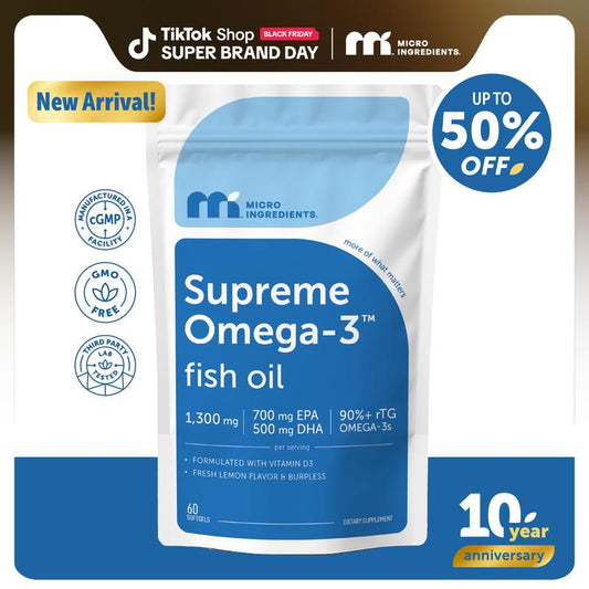Micro Ingredients Supreme Omega-3 Fish Oil W/Ultra High EPA & DHA, Burpless Softgels | Rtg Omega-3 with Vitamin D3 | Wild-Caught Cold Deep-Sea Water | Lemon Flavor, Easy to Swallow
