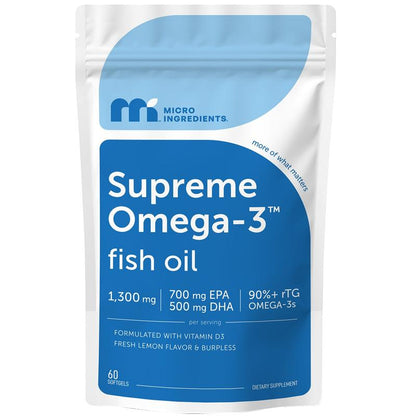 Micro Ingredients Supreme Omega-3 Fish Oil W/Ultra High EPA & DHA, Burpless Softgels | Rtg Omega-3 with Vitamin D3 | Wild-Caught Cold Deep-Sea Water | Lemon Flavor, Easy to Swallow