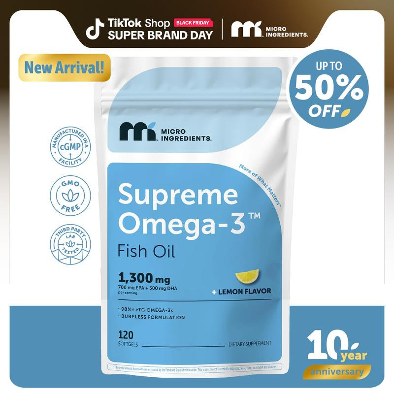 Micro Ingredients Supreme Omega-3 Fish Oil W/Ultra High EPA & DHA, Burpless Softgels | Rtg Omega-3 with Vitamin D3 | Wild-Caught Cold Deep-Sea Water | Lemon Flavor, Easy to Swallow