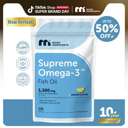 Micro Ingredients Supreme Omega-3 Fish Oil W/Ultra High EPA & DHA, Burpless Softgels | Rtg Omega-3 with Vitamin D3 | Wild-Caught Cold Deep-Sea Water | Lemon Flavor, Easy to Swallow