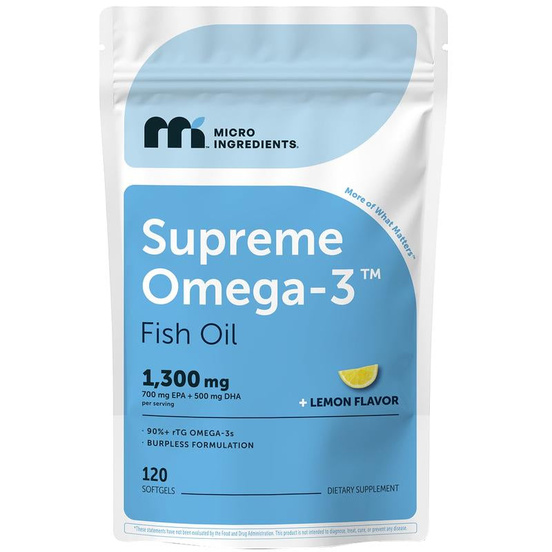 Micro Ingredients Supreme Omega-3 Fish Oil W/Ultra High EPA & DHA, Burpless Softgels | Rtg Omega-3 with Vitamin D3 | Wild-Caught Cold Deep-Sea Water | Lemon Flavor, Easy to Swallow